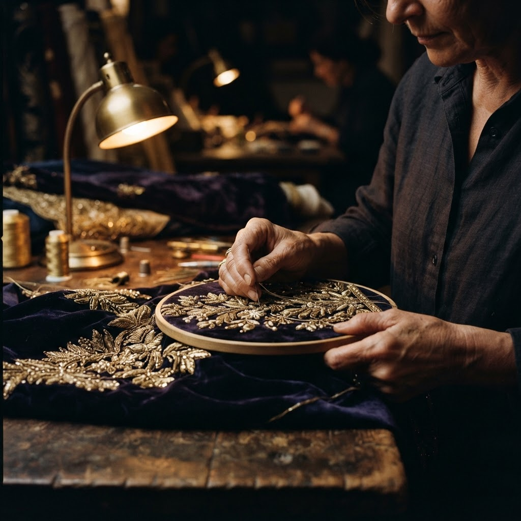 Hands doing intricate gold zardozi embroidery in the atelier